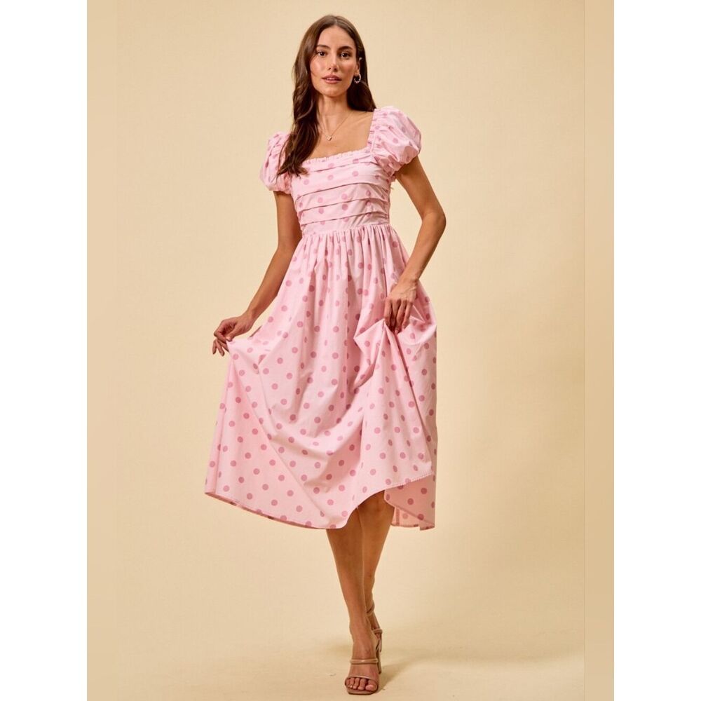 SO ME Cotton Pink Polka Dot Puff-Sleeve Princess Dress sz Medium